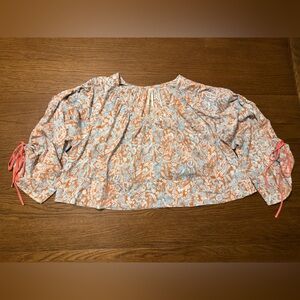 Anthropologie Blue Long Sleeved Shirred Floral Peasant Blouse Size Small
